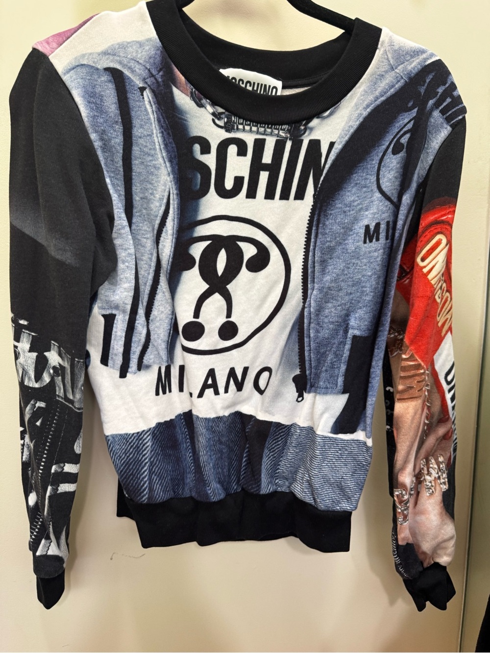 Moschino Black White Blue and Red Graphic Crewneck Sweatshirt